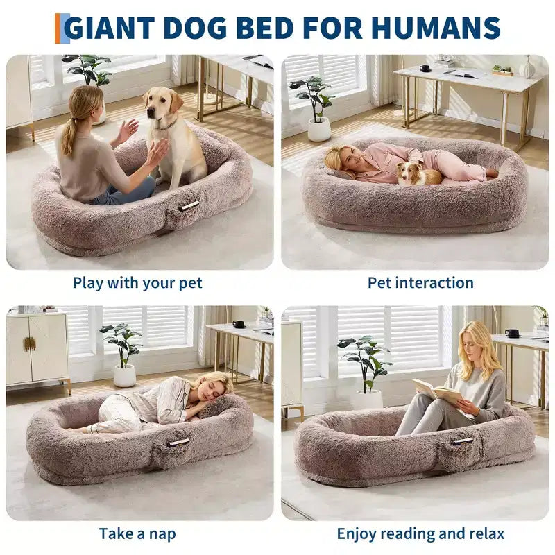 Cama para Perros para Humanos y Mascotas, 67x43x8 Cama para Perros Tamaño Humano con Almohada y Asa Portátil, Cama Ortopédica Lavable de Pelo Sintético para Perros
