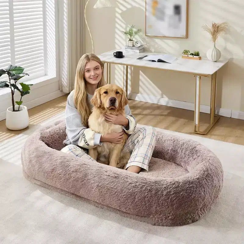 Human Dog Bed for Adults & Pets, 67X43X8Human Size Dog Bed with Pillow & Portable Handle, Washable Faux Fur Orthopedic Dog Bed