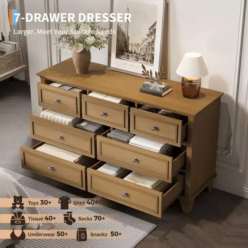 Cómoda blanca de 7 cajones, baúl ancho con cajones profundos, tiradores de metal y encimera gruesa, organizador moderno para dormitorio, pasillo, armario