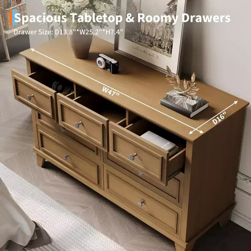 Cómoda blanca de 7 cajones, baúl ancho con cajones profundos, tiradores de metal y encimera gruesa, organizador moderno para dormitorio, pasillo, armario