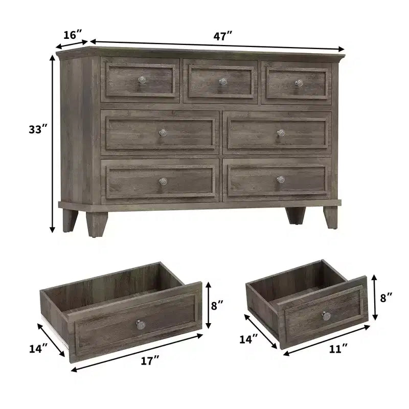 Cómoda blanca de 7 cajones, baúl ancho con cajones profundos, tiradores de metal y encimera gruesa, organizador moderno para dormitorio, pasillo, armario