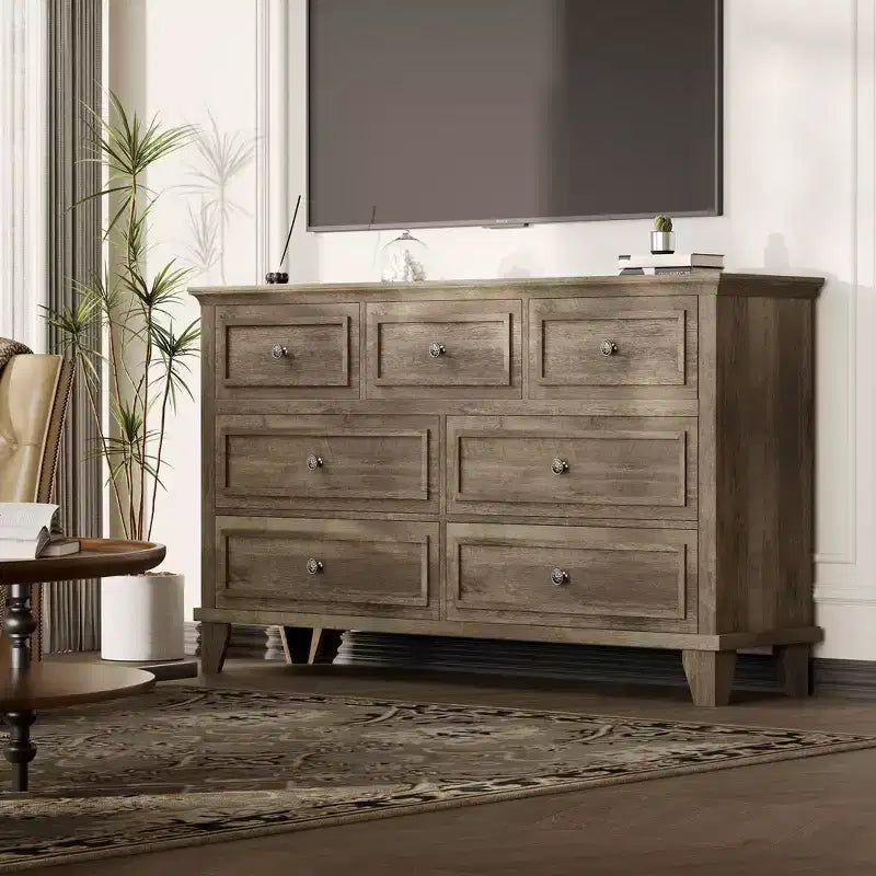 Cómoda blanca de 7 cajones, baúl ancho con cajones profundos, tiradores de metal y encimera gruesa, organizador moderno para dormitorio, pasillo, armario