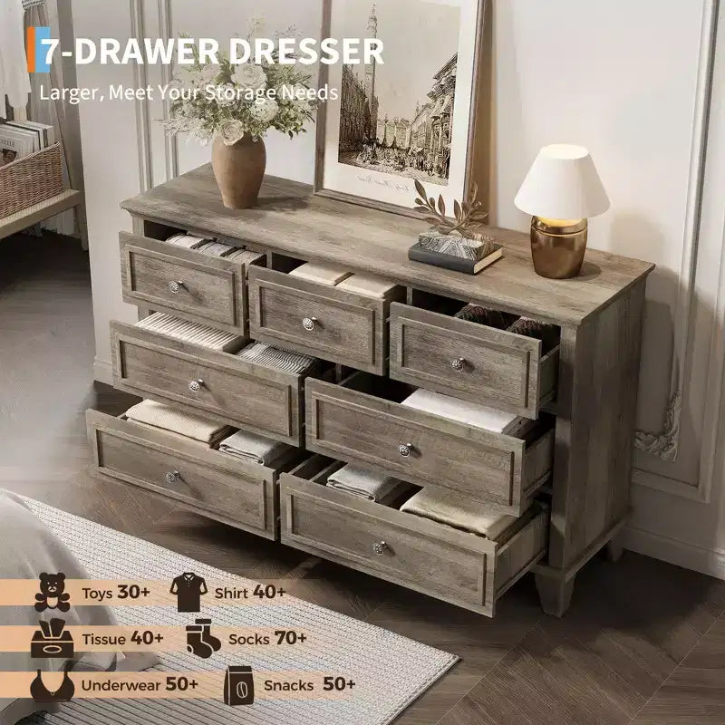 Cómoda blanca de 7 cajones, baúl ancho con cajones profundos, tiradores de metal y encimera gruesa, organizador moderno para dormitorio, pasillo, armario