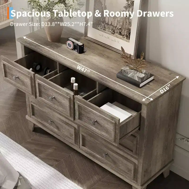 Cómoda blanca de 7 cajones, baúl ancho con cajones profundos, tiradores de metal y encimera gruesa, organizador moderno para dormitorio, pasillo, armario