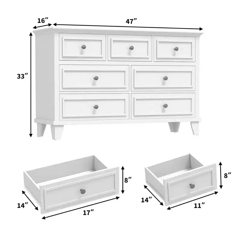 Cómoda blanca de 7 cajones, baúl ancho con cajones profundos, tiradores de metal y encimera gruesa, organizador moderno para dormitorio, pasillo, armario