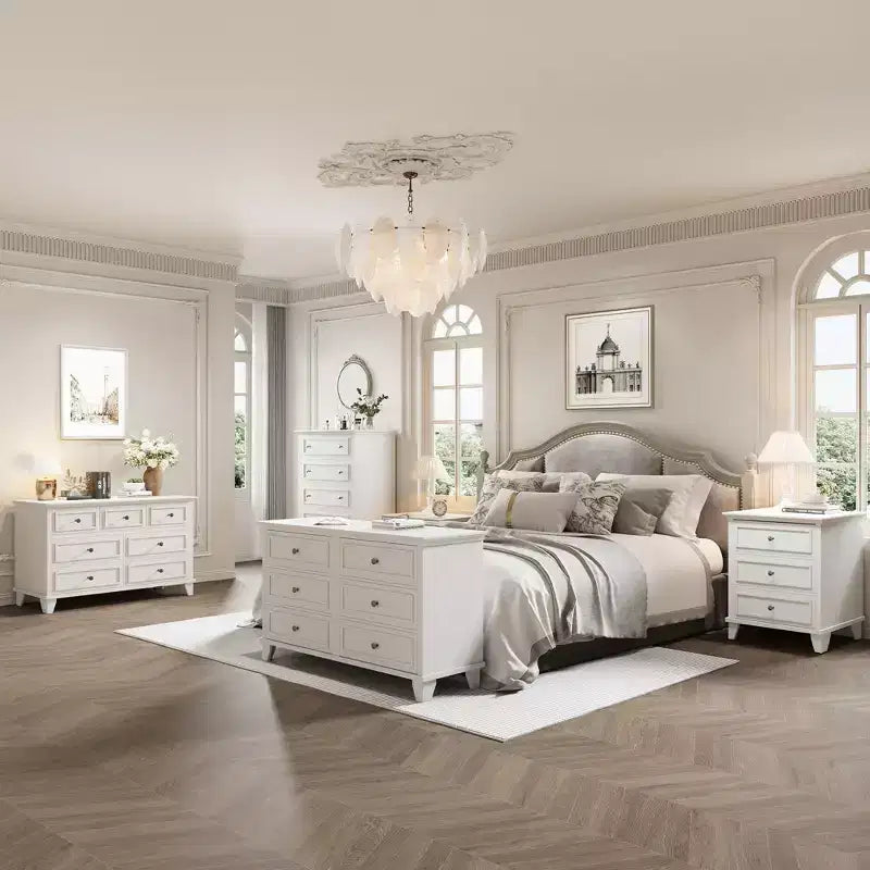 Cómoda blanca de 7 cajones, baúl ancho con cajones profundos, tiradores de metal y encimera gruesa, organizador moderno para dormitorio, pasillo, armario