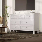 Cómoda blanca de 7 cajones, baúl ancho con cajones profundos, tiradores de metal y encimera gruesa, organizador moderno para dormitorio, pasillo, armario