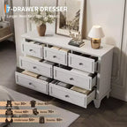 Cómoda blanca de 7 cajones, baúl ancho con cajones profundos, tiradores de metal y encimera gruesa, organizador moderno para dormitorio, pasillo, armario