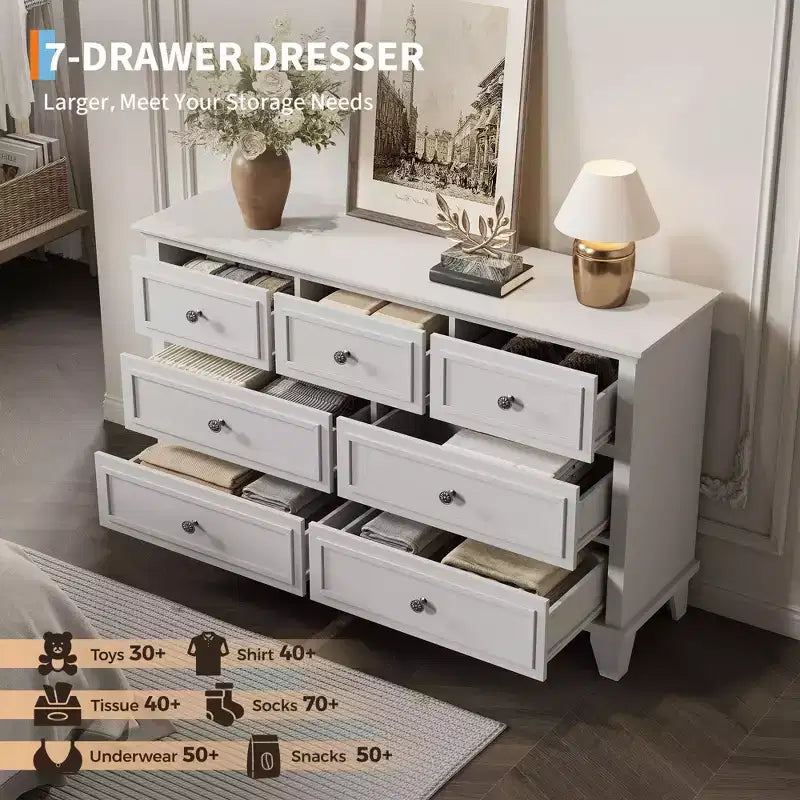 Cómoda blanca de 7 cajones, baúl ancho con cajones profundos, tiradores de metal y encimera gruesa, organizador moderno para dormitorio, pasillo, armario