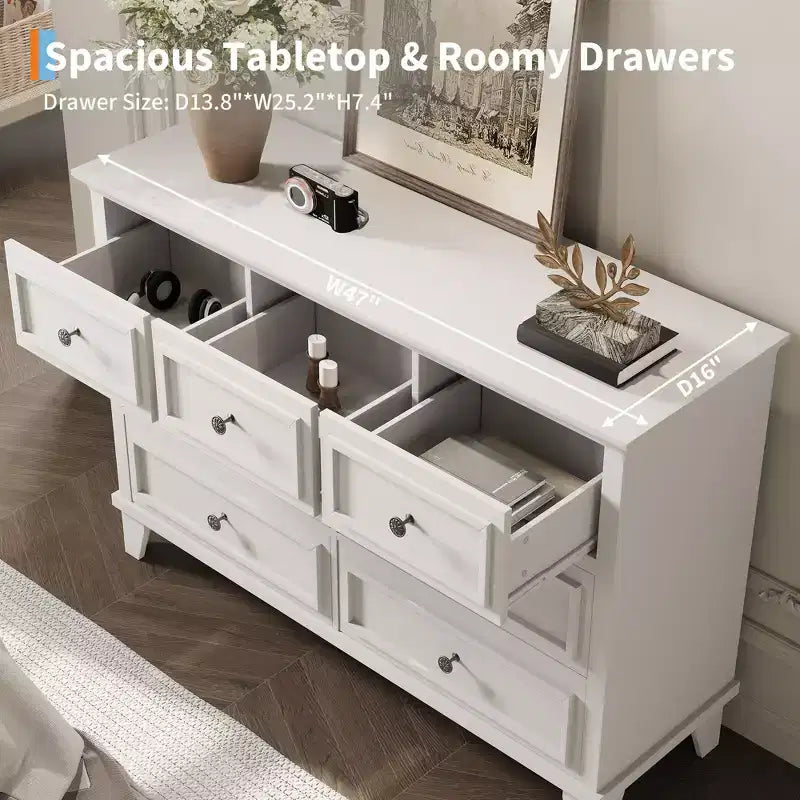 Cómoda blanca de 7 cajones, baúl ancho con cajones profundos, tiradores de metal y encimera gruesa, organizador moderno para dormitorio, pasillo, armario