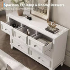 Cómoda blanca de 7 cajones, baúl ancho con cajones profundos, tiradores de metal y encimera gruesa, organizador moderno para dormitorio, pasillo, armario