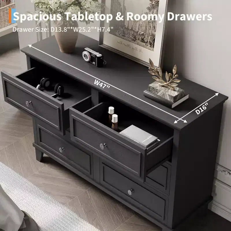 Cómoda blanca de 7 cajones, baúl ancho con cajones profundos, tiradores de metal y encimera gruesa, organizador moderno para dormitorio, pasillo, armario