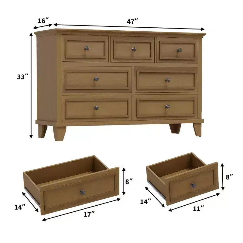 Cómoda blanca de 7 cajones, baúl ancho con cajones profundos, tiradores de metal y encimera gruesa, organizador moderno para dormitorio, pasillo, armario
