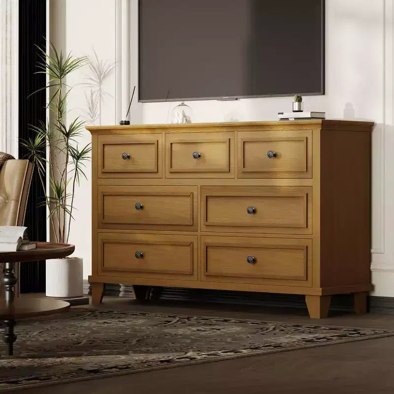 Cómoda blanca de 7 cajones, baúl ancho con cajones profundos, tiradores de metal y encimera gruesa, organizador moderno para dormitorio, pasillo, armario