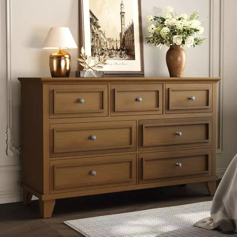 Cómoda blanca de 7 cajones, baúl ancho con cajones profundos, tiradores de metal y encimera gruesa, organizador moderno para dormitorio, pasillo, armario