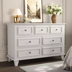 Cómoda blanca de 7 cajones, baúl ancho con cajones profundos, tiradores de metal y encimera gruesa, organizador moderno para dormitorio, pasillo, armario
