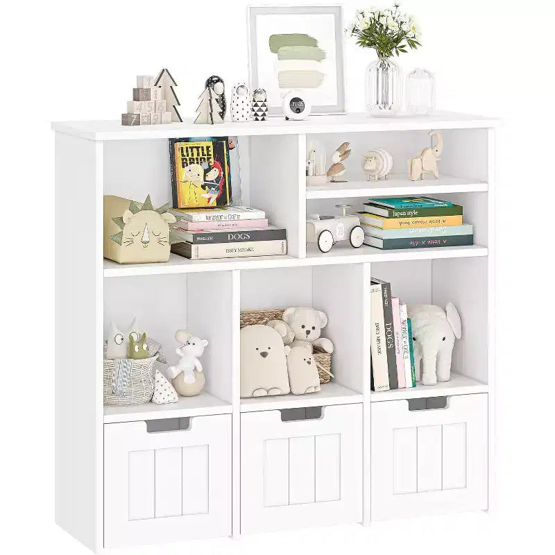 Toy Storage Cabinet with 3 Drawers & 6 Cubes, Hidden Wheels Kids Bookshelf Organizer for Bedroom, Playroom, Nursery (White)