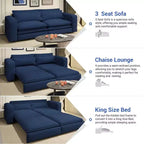 Sofá cama de 93 pulgadas tamaño King, sofá cama extraíble, sofá cama convertible 3 en 1 con 2 almohadas lumbares, azul