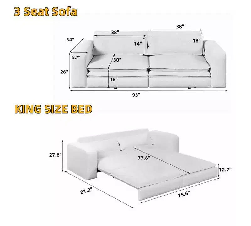 Sofá cama de 93 pulgadas tamaño King, sofá cama extraíble, sofá cama convertible 3 en 1 con 2 almohadas lumbares, azul