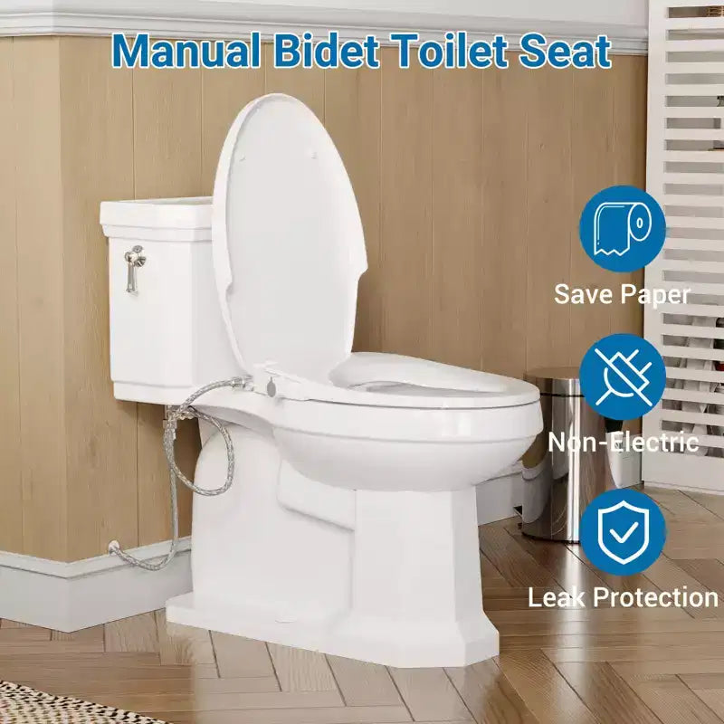 Asiento de inodoro de bidé no eléctrico alargado con boquillas dobles autolimpiantes, tapa de cierre suave y rociador de agua ajustable