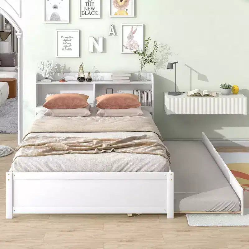 Cama Matrimonial con Nido,Estantería,Blanco