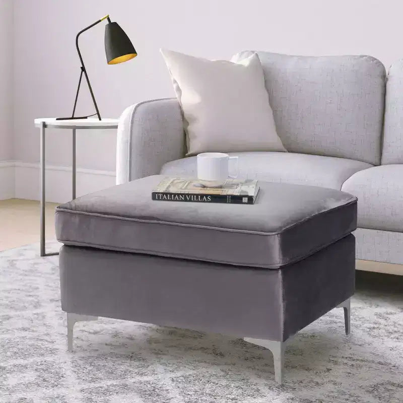 TUYOHW Luxury Velvet Accent Ottoman with Metal Legs,Contemporary Living Room Ottoman Module with High-Resilience Foam Filling,Gray