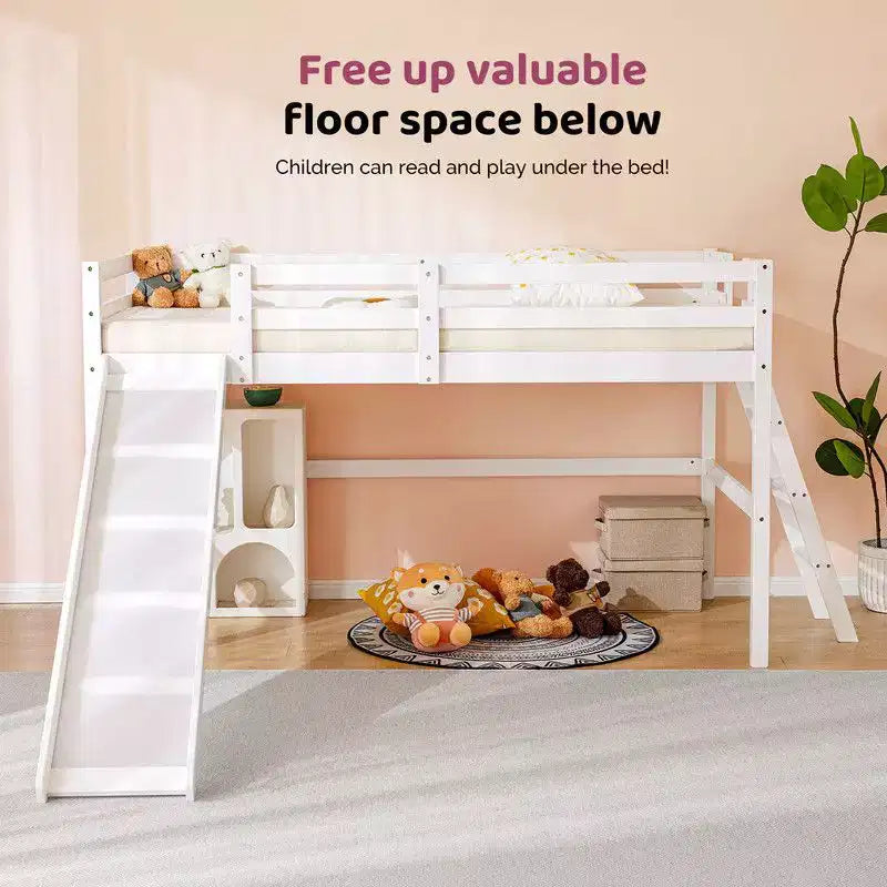 Cama Nido Baja de Madera Tamaño Twin con Tobogán, Barandilla y Escalera