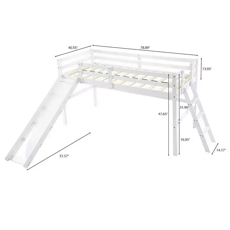 Cama Nido Baja de Madera Tamaño Twin con Tobogán, Barandilla y Escalera