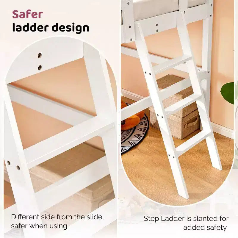 Cama Nido Baja de Madera Tamaño Twin con Tobogán, Barandilla y Escalera