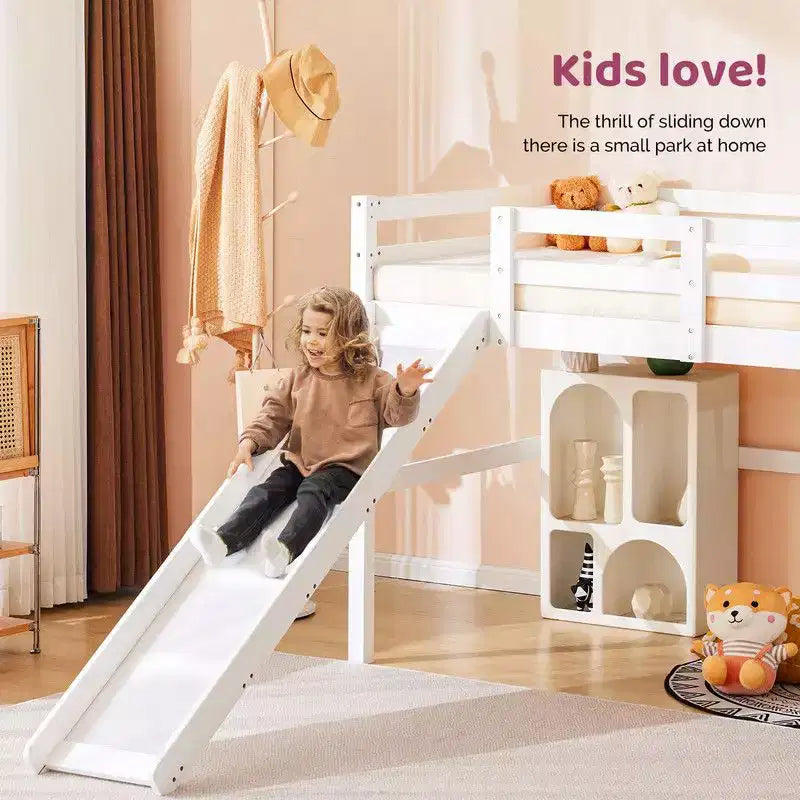 Cama Nido Baja de Madera Tamaño Twin con Tobogán, Barandilla y Escalera