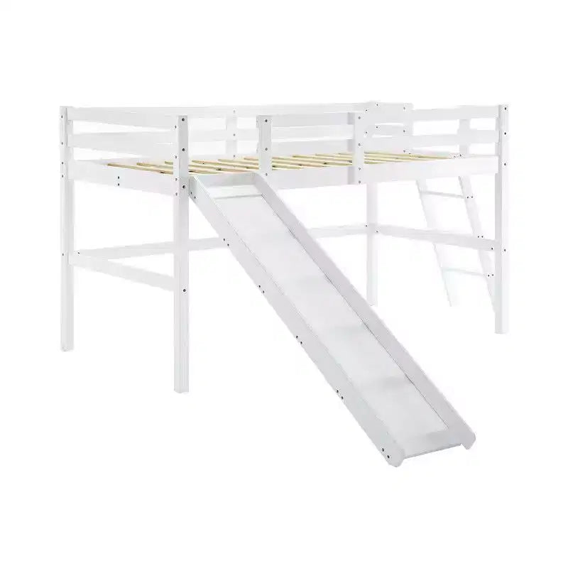 Cama Nido Baja de Madera Tamaño Twin con Tobogán, Barandilla y Escalera