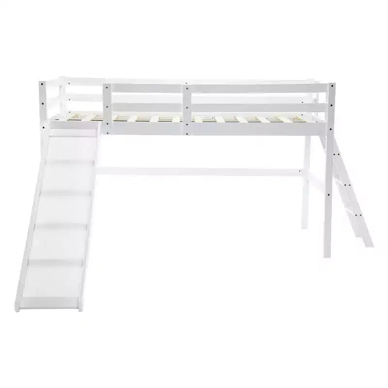 Cama Nido Baja de Madera Tamaño Twin con Tobogán, Barandilla y Escalera