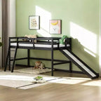 Cama Nido Baja de Madera Tamaño Twin con Tobogán, Barandilla y Escalera