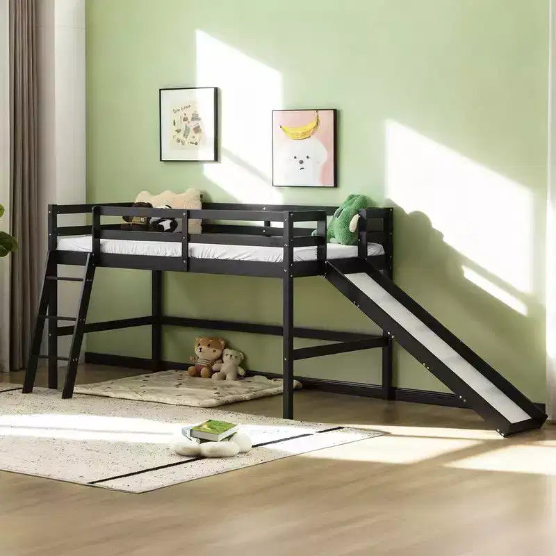 Cama Nido Baja de Madera Tamaño Twin con Tobogán, Barandilla y Escalera