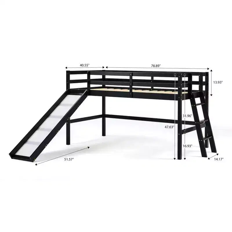 Cama Nido Baja de Madera Tamaño Twin con Tobogán, Barandilla y Escalera