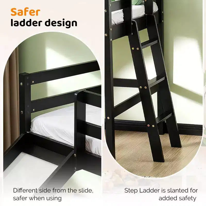 Cama Nido Baja de Madera Tamaño Twin con Tobogán, Barandilla y Escalera