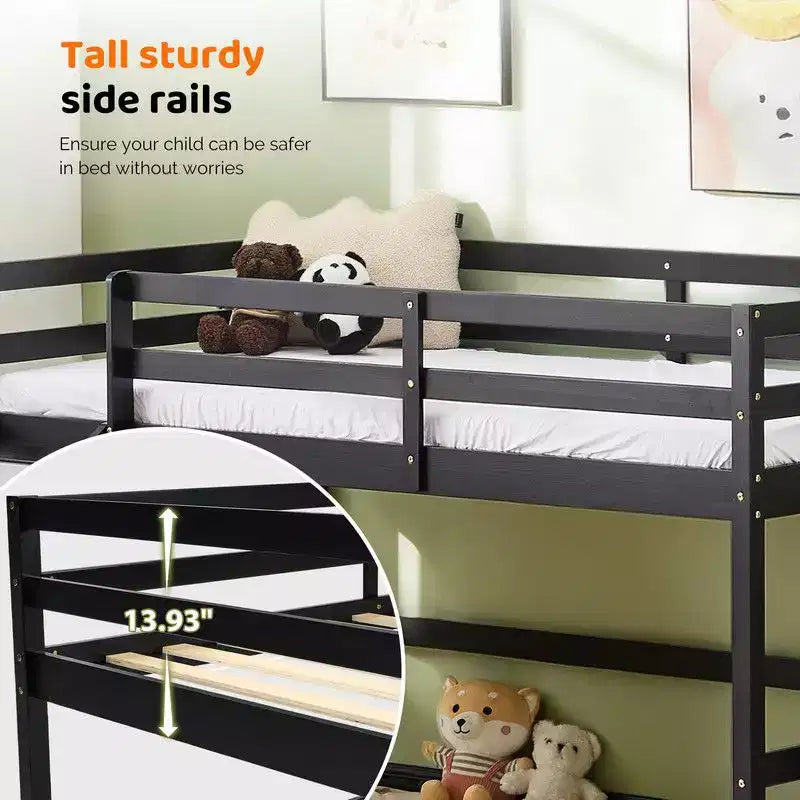 Cama Nido Baja de Madera Tamaño Twin con Tobogán, Barandilla y Escalera