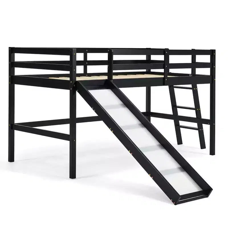 Cama Nido Baja de Madera Tamaño Twin con Tobogán, Barandilla y Escalera