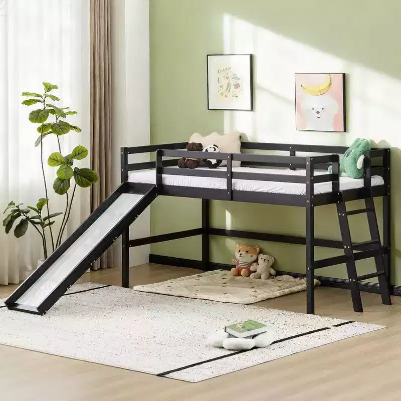 Cama Nido Baja de Madera Tamaño Twin con Tobogán, Barandilla y Escalera