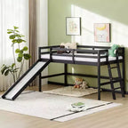Cama Nido Baja de Madera Tamaño Twin con Tobogán, Barandilla y Escalera