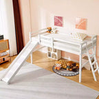 Karl Home Twin Size Wood Low Loft Bed with Slide Guardrail And Ladder