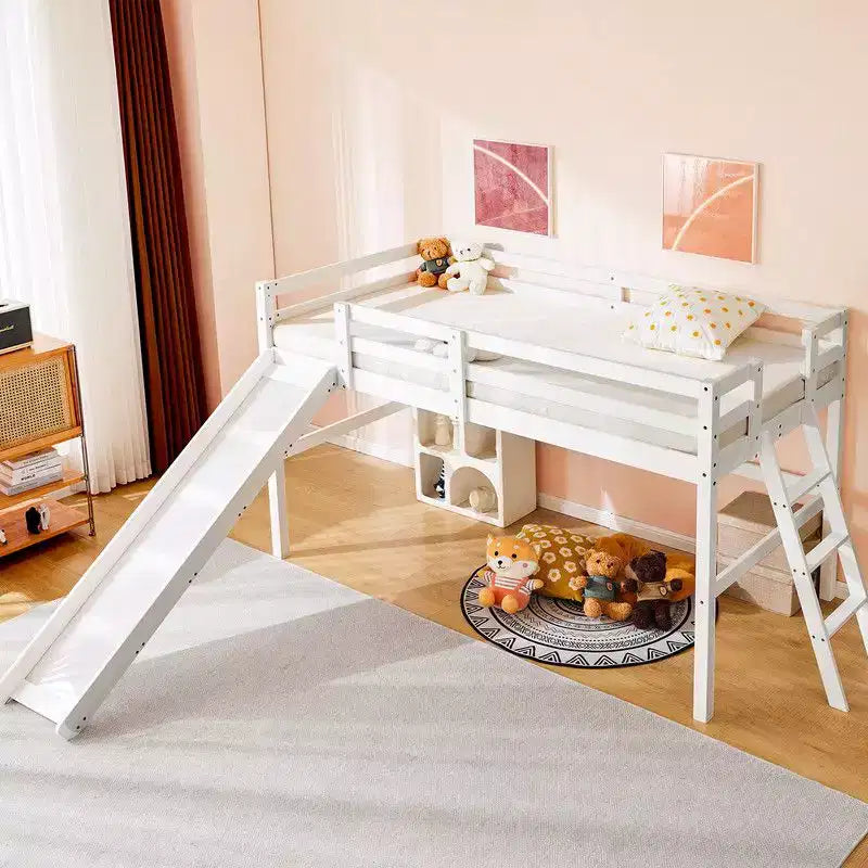 Karl Home Twin Size Wood Low Loft Bed with Slide Guardrail And Ladder