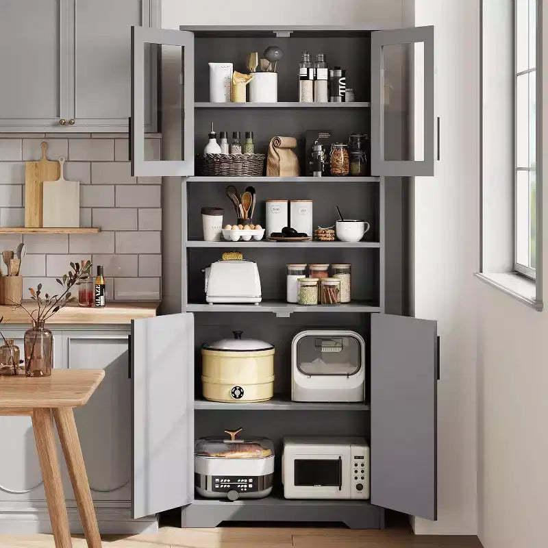 67Inch Storage Cabinet with Glass & Wood Doors, 6-Shelf Modern Cupboard with Adjustable Shelves for Kitchen Pantry, Living Room, Bookcase,Bathroom