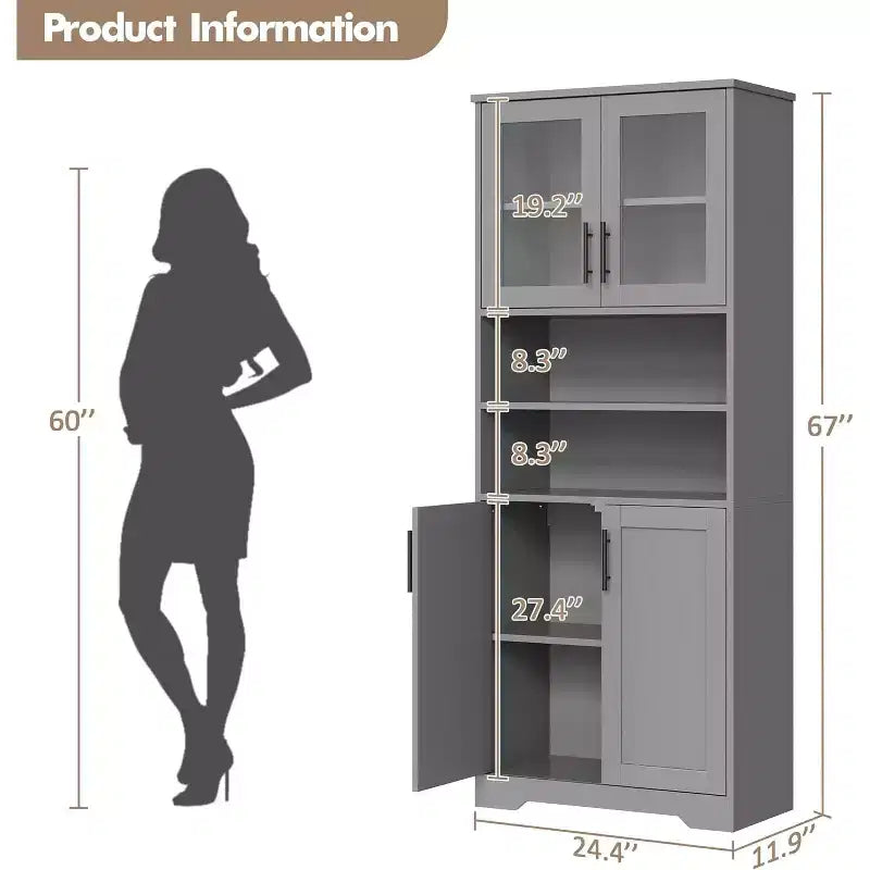 Armario de almacenamiento de 67 pulgadas con puertas de vidrio y madera, aparador moderno de 6 estantes con estantes ajustables para despensa de cocina, sala de estar, librería, baño