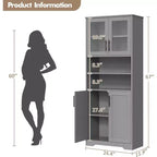 Armario de almacenamiento de 67 pulgadas con puertas de vidrio y madera, aparador moderno de 6 estantes con estantes ajustables para despensa de cocina, sala de estar, librería, baño
