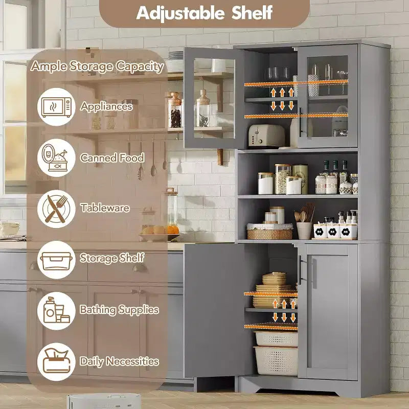 Armario de almacenamiento de 67 pulgadas con puertas de vidrio y madera, aparador moderno de 6 estantes con estantes ajustables para despensa de cocina, sala de estar, librería, baño