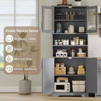 Armario de almacenamiento de 67 pulgadas con puertas de vidrio y madera, aparador moderno de 6 estantes con estantes ajustables para despensa de cocina, sala de estar, librería, baño