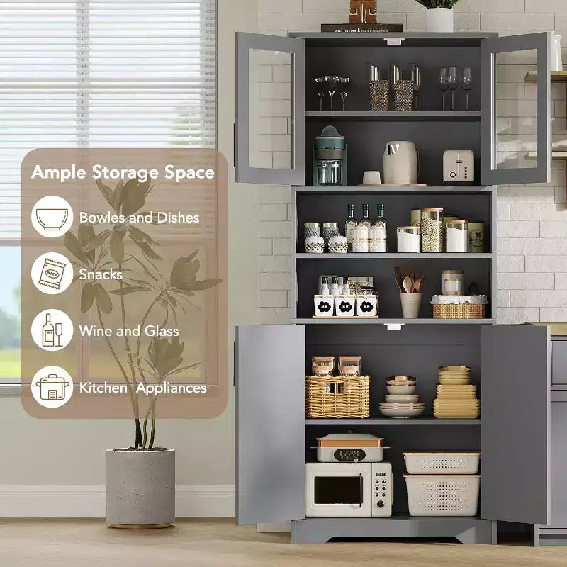 Armario de almacenamiento de 67 pulgadas con puertas de vidrio y madera, aparador moderno de 6 estantes con estantes ajustables para despensa de cocina, sala de estar, librería, baño