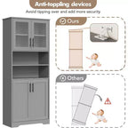 Armario de almacenamiento de 67 pulgadas con puertas de vidrio y madera, aparador moderno de 6 estantes con estantes ajustables para despensa de cocina, sala de estar, librería, baño