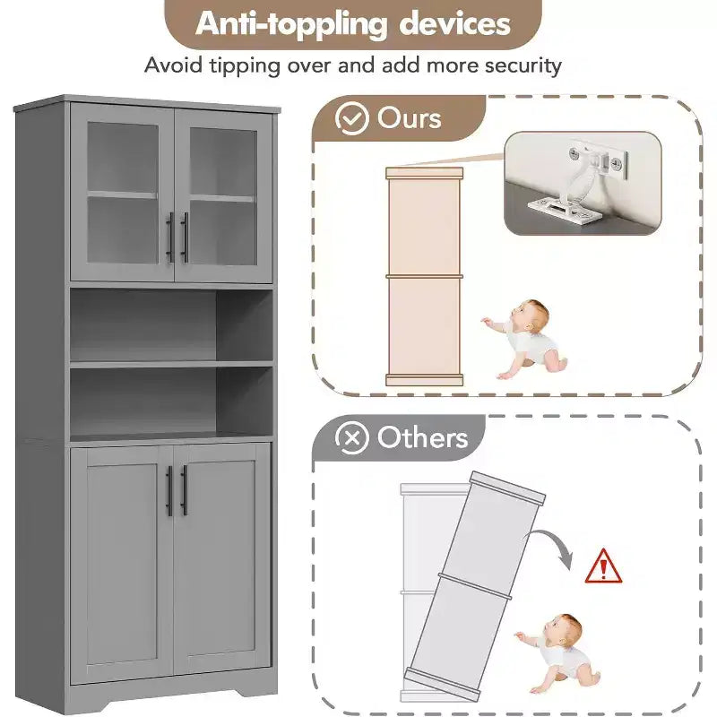 Armario de almacenamiento de 67 pulgadas con puertas de vidrio y madera, aparador moderno de 6 estantes con estantes ajustables para despensa de cocina, sala de estar, librería, baño